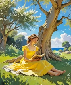 Girl Reading Under Tree Diamond Painting