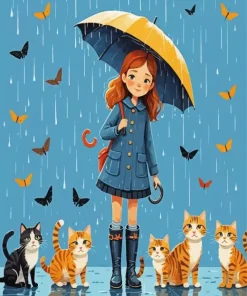 Girl Standing In Rain And Cats Diamond Painting