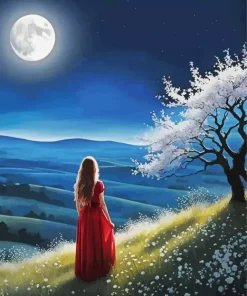 girl watching the moon art
