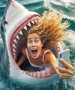 Lady And Shark Selfie Portrait Diamond Painting