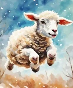 Lamb Jumping In Snow Diamond Painting