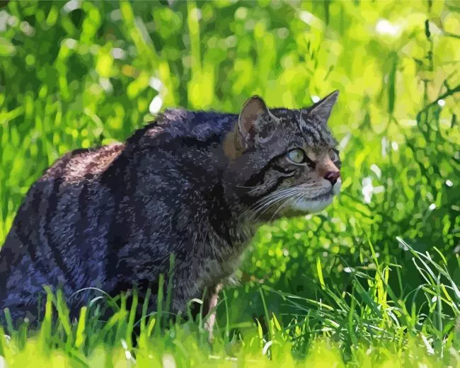 scottish wildcat in green grass Diamond With Numbers Scottish Wildcat In Green Grass Diamond Painting