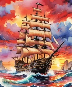 Ship In Sunset Art Diamond Painting