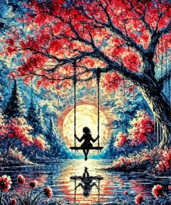 Silhouette Girl On Swing Diamond Painting