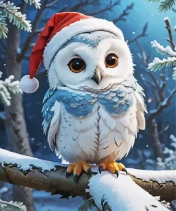 White Owl Santa Hat Diamond Painting