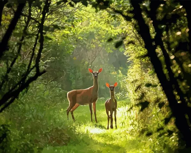 white tailed deers and forest Diamond With Numbers White Tailed Deers And Forest Diamond Painting