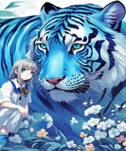 Anime Blue Tiger And Girl Diamond Painting