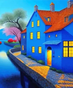 Blue House By River Diamond Painting