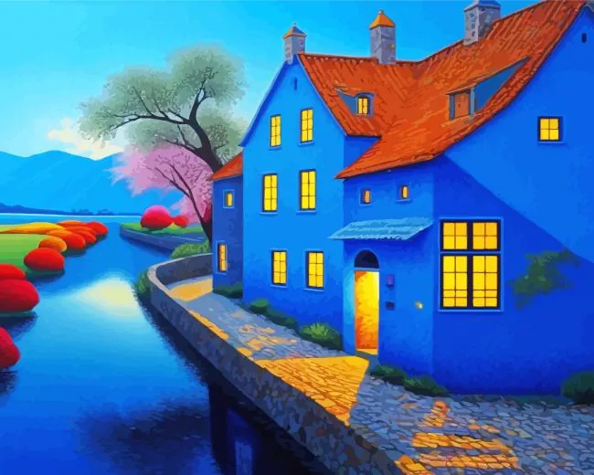 Blue House By River Diamond With Numbers Blue House By River Diamond Painting