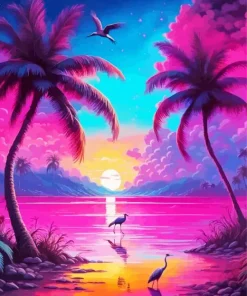 Tropical Blue And Pink Sunset Diamond Painting