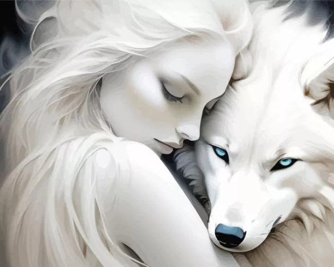 aesthetic female and white wolf art Diamond By Numbers Aesthetic Female And White Wolf Art Diamond Painting