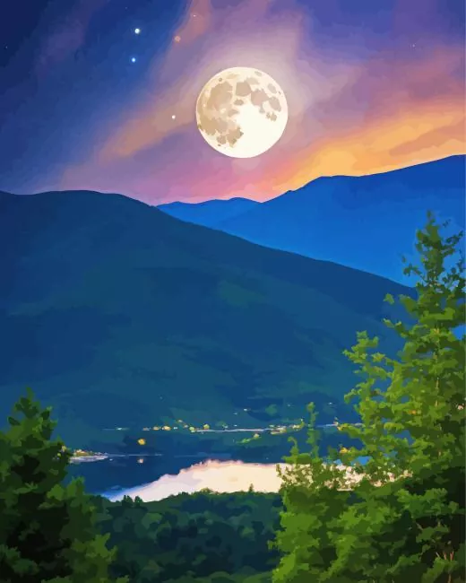 aesthetic full moon landscape Diamond With Numbers Aesthetic Full Moon Landscape Diamond Painting