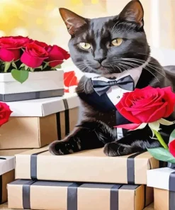 Black Tie Cat And Red Roses Diamond Painting