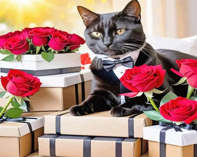 black tie cat and red roses Diamond By Numbers Black Tie Cat And Red Roses Diamond Painting