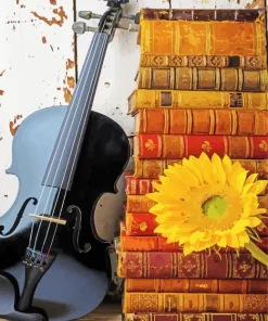 Black Violin And Stacked Books Diamond Painting