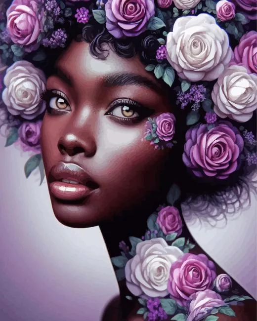 black woman with purple flowers Diamond By Numbers Black Woman With Purple Flowers Diamond Painting