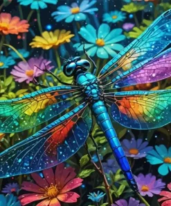Blue Dragonfly And Flowers Diamond Painting