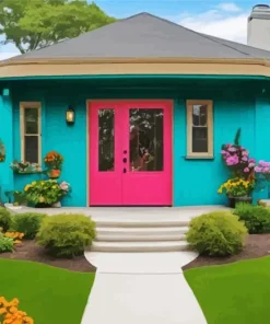 Blue House With Pink Door Diamond Painting