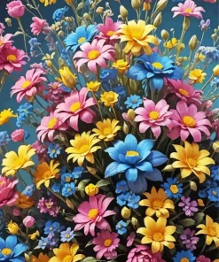 Blue Pink And Yellow Flowers Diamond Painting