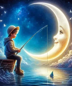 Boy Fishing At Night Diamond Painting