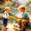 Boys And Duck Diamond Painting