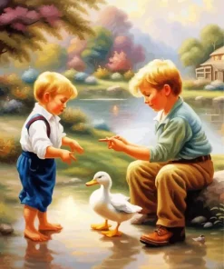 Boys And Duck Diamond Painting