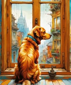 Dog Looking Out Of Window Diamond Painting