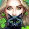 Lady And Cat With Green Eyes Diamond Painting