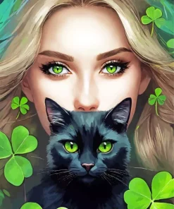 Lady And Cat With Green Eyes Diamond Painting
