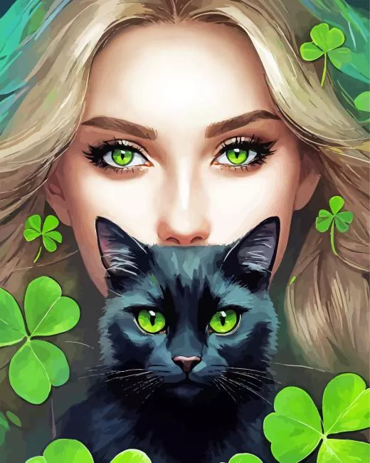 lady and cat with green eyes Diamond By Numbers Lady And Cat With Green Eyes Diamond Painting