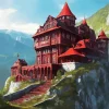 Red Fantasy Mountain Castle Diamond Painting