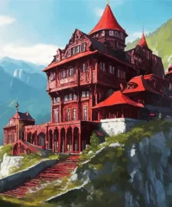 Red Fantasy Mountain Castle Diamond Painting