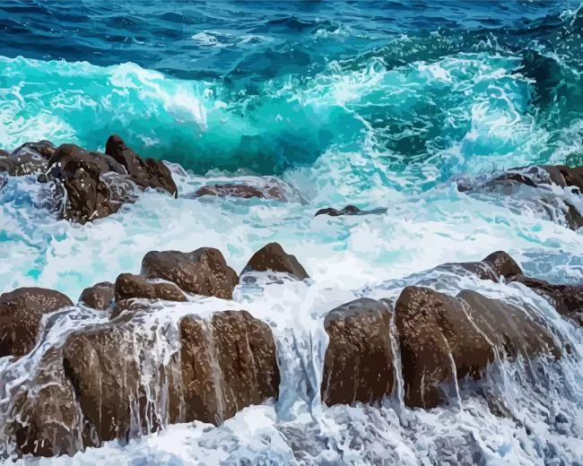 waves crashing on rocks Diamond With Numbers Waves Crashing On Rocks Diamond Painting
