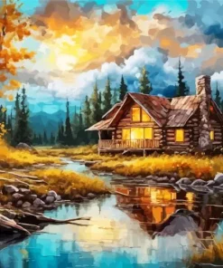 Aesthetic Forest Log Cabin Art Diamond Painting