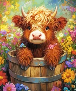 Brown Highland Calf And Flowers Diamond Painting
