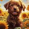 Brown Puppy Around Sunflowers Diamond Painting