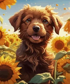 Brown Puppy Around Sunflowers Diamond Painting