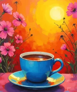 Coffee Cup And Flowers Diamond Painting