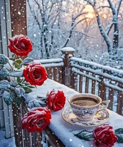Coffee With Roses In Snow Diamond Painting
