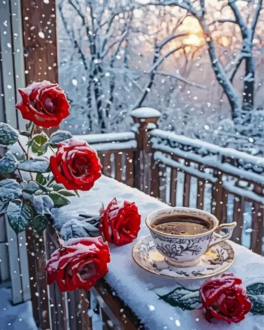coffee with roses in snow Diamond Paintings Coffee With Roses In Snow Diamond Painting