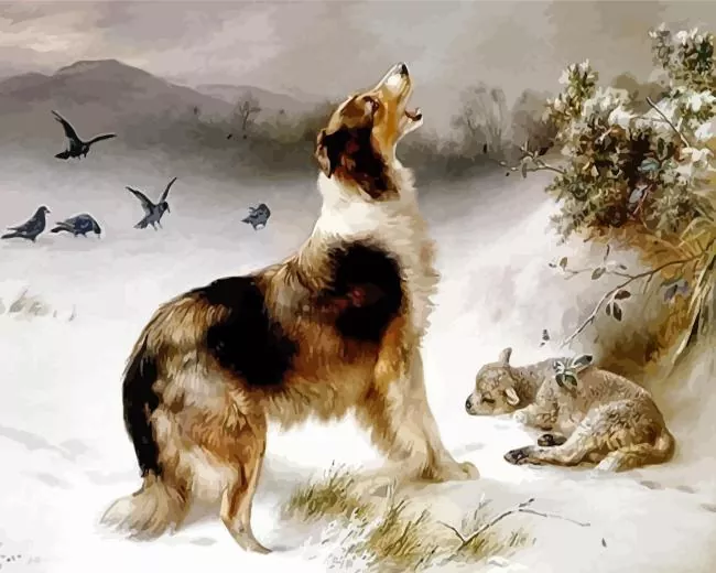 collie and lamb in snow Diamond Paintings Collie And Lamb In Snow Diamond Painting