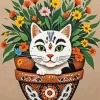 Flowerpot And White Cat Diamond Painting