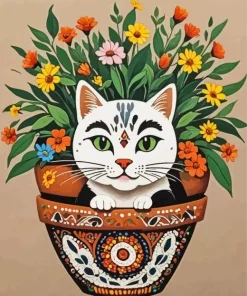 Flowerpot And White Cat Diamond Painting
