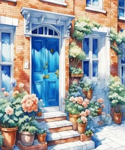 Flowers And Blue Door Diamond Painting