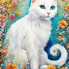 Flowers And White Cat Diamond Painting