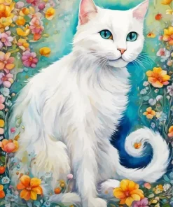 Flowers And White Cat Diamond Painting