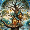 Forest Mystical Tree House Diamond Painting