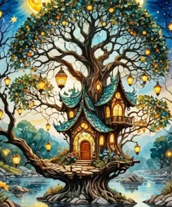 Forest Mystical Tree House Diamond Painting