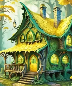 Green Forest Cabin Diamond Painting