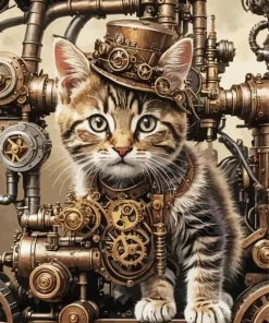 Steampunk Fluffy Tabby Kitten Diamond Painting